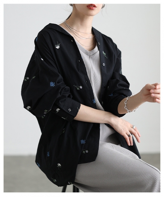 レディース 大人 上品 花柄刺繍オープンカラーコットンシャツ aldt