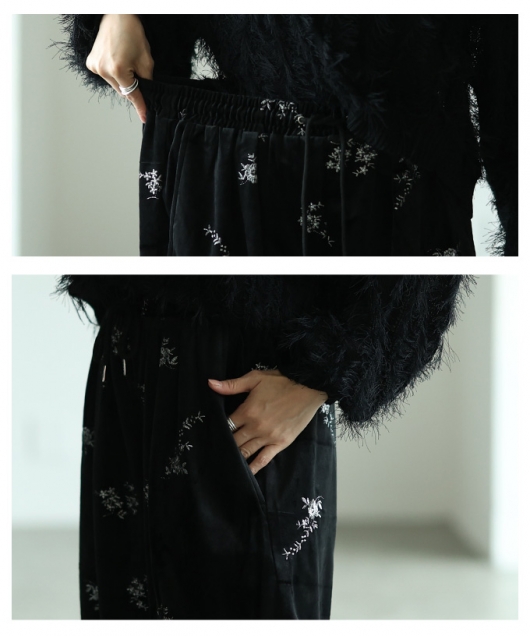 レディース 大人 上品 ベロアフラワーエンブロイダリーイージーパンツ