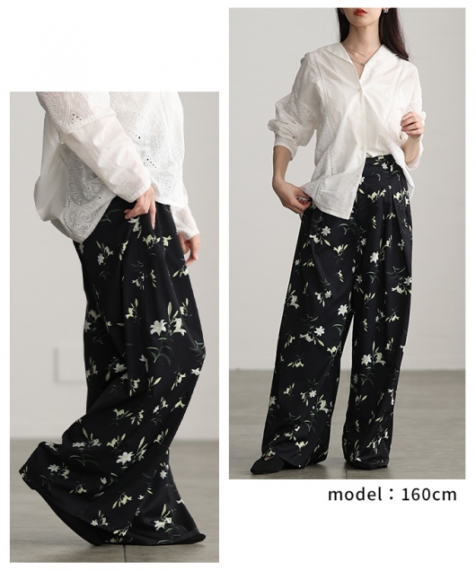 レディース 大人 上品 花柄プリントタックワイドパンツ aldt-483r3412