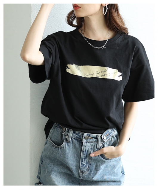 レディース 大人 上品 ヴィンテージなペイント箔オーバーサイズT