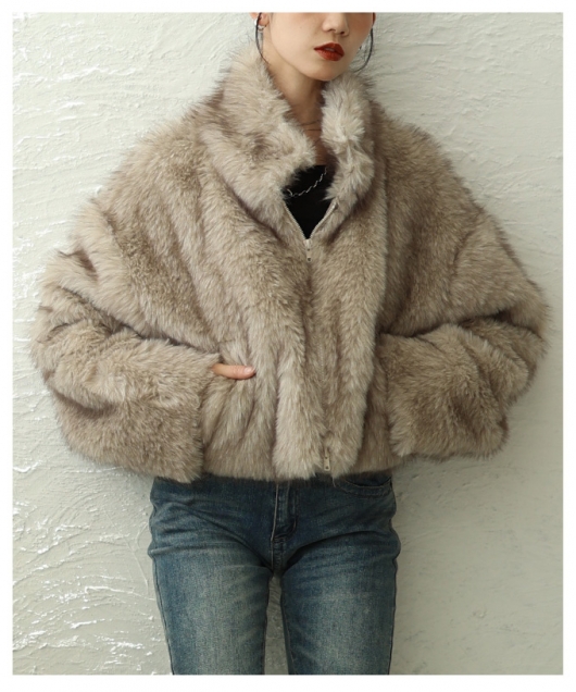 aclentベージュ ファーショートジャケット レディース 大人 上品 フェイクファーショート丈ジャケット【11月12日