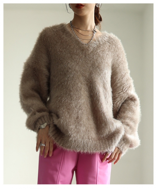 レディース 大人 上品 ネコヤーンVネックニットプルオーバー aldt