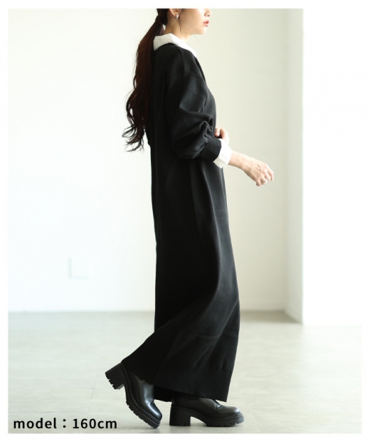 レディース 大人 上品 フェイクレイヤードニットロングワンピース aldt