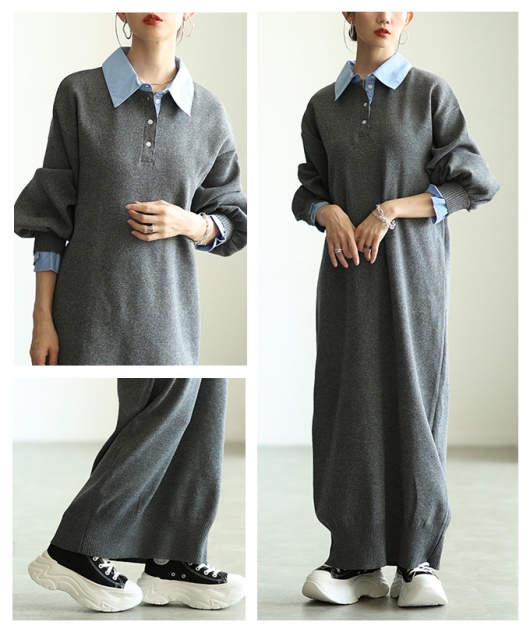 レディース 大人 上品 フェイクレイヤードニットロングワンピース aldt