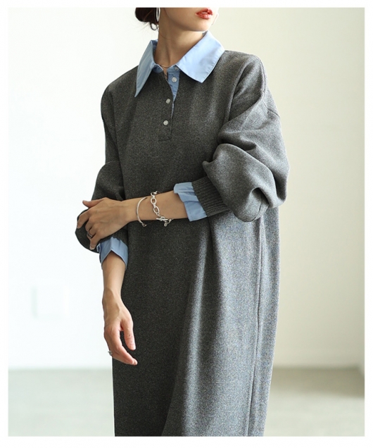 レディース 大人 上品 フェイクレイヤードニットロングワンピース aldt