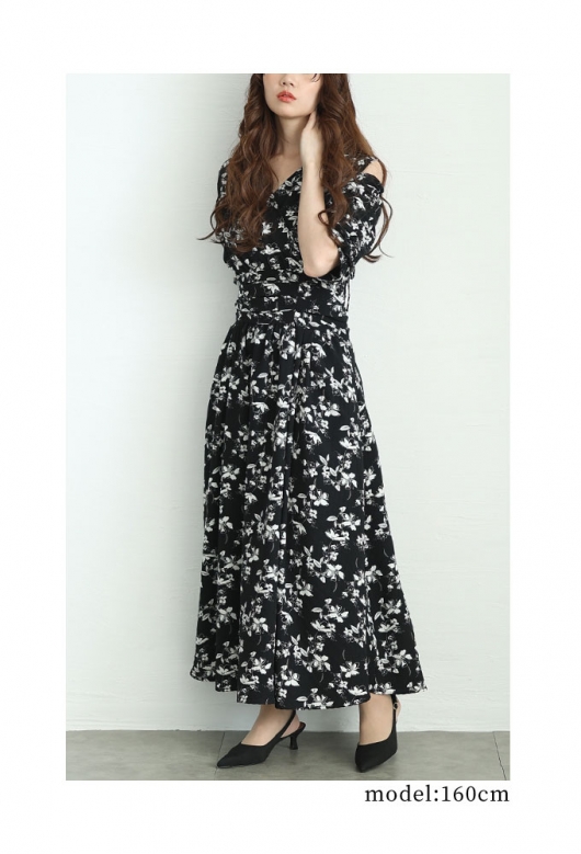 未使用✨ エジェリ【F】カシュクール花柄ロングワンピース ドレープ フランス製 未使用級】EGERIE エジェリカシュクール ストレッチ 花柄