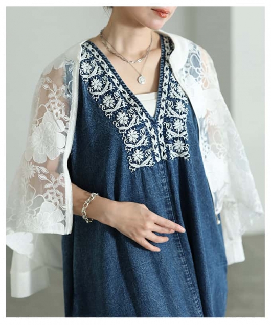 レディース 大人 上品 刺繍入り裾フリンジインド綿ワンピース alfem