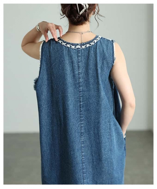 レディース 大人 上品 刺繍入り裾フリンジインド綿ワンピース 【6月29