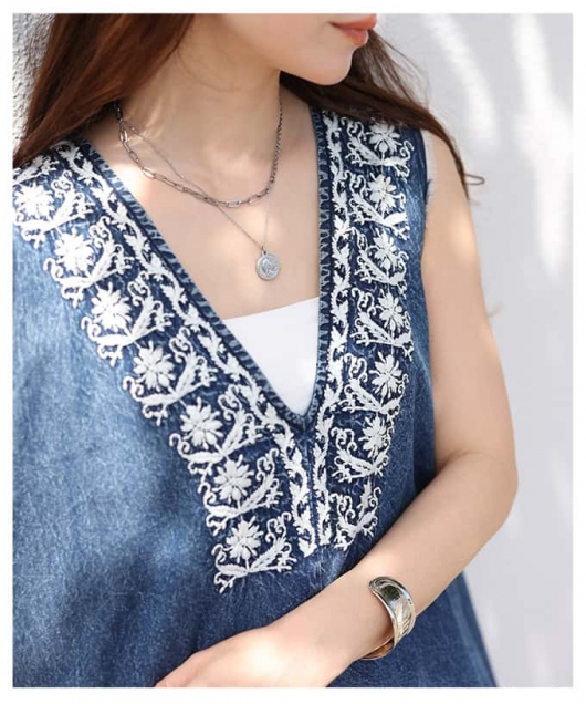レディース 大人 上品 刺繍入り裾フリンジインド綿ワンピース alfem
