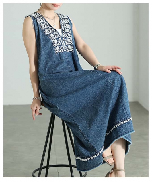 レディース 大人 上品 刺繍入り裾フリンジインド綿ワンピース alfem