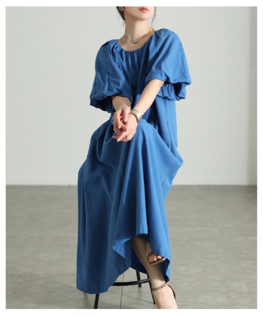 美品✨エンフォルド　バルーンスリーブ　アシンメトリー　ロングワンピース　青　 M レディース 大人 上品 バルーンスリーブインド綿ワンピース【6月27日20