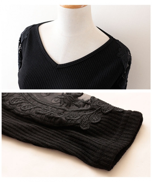 レディース 大人 上品 刺繍レース袖のVネックリブトップス alhmo