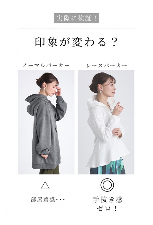 レディース 大人 上品 大人の脱カジュアルな袖レースパーカー