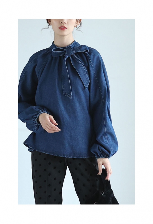レディース 大人 上品 顔周り華やぐデニムボウタイブラウス