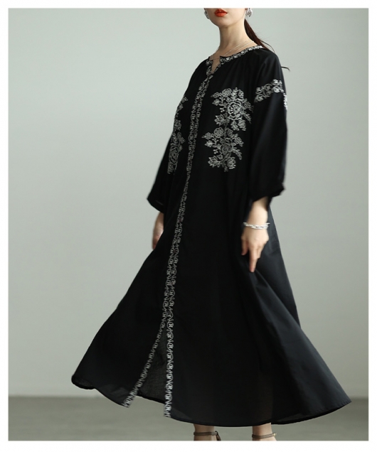 レディース 大人 上品 花柄刺繍入りインド綿ワンピース【メール便可