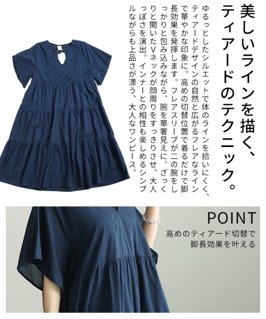 45RPM インディゴ コットン シルク 切替ワンピース フレア ティアード レディース 大人 上品 ティアードインド綿ワンピース alkt-26mi6