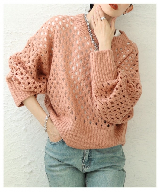 レディース 大人 上品 ざっくりメッシュニットトップス almam-0085