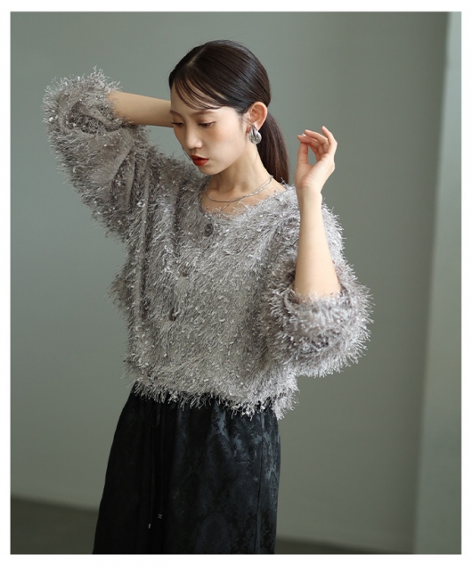 レディース 大人 上品 フェザーニットクロップドカーディガン almam