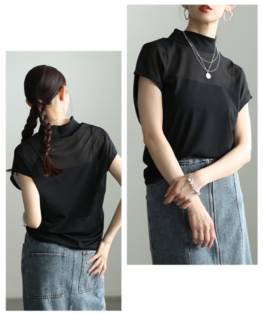 レディース 大人 上品 モックネックシアー半袖カットソー【メール便可