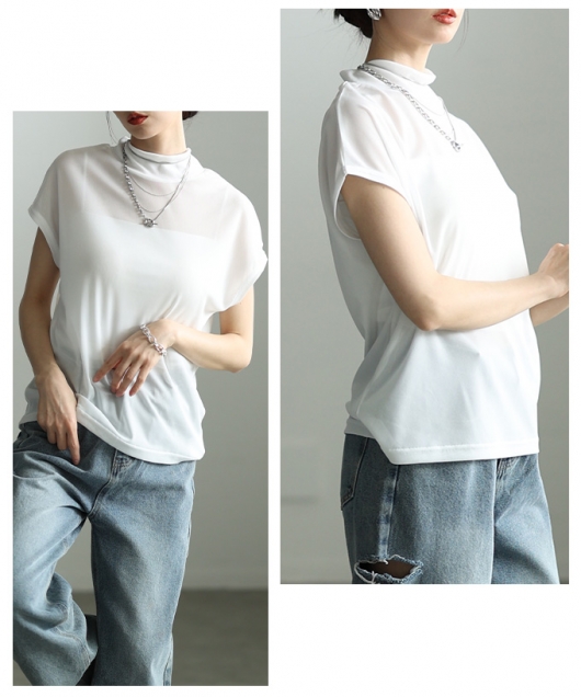 レディース 大人 上品 モックネックシアー半袖カットソー【メール便可