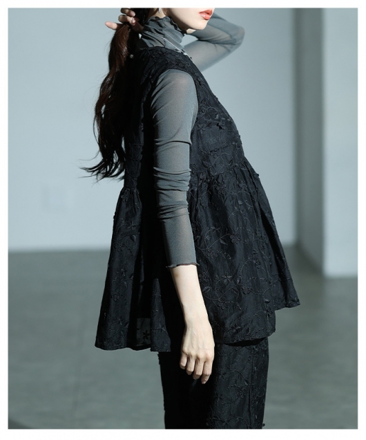 レディース 大人 上品 立体花刺繍オーガンジーペプラムフレアトップス