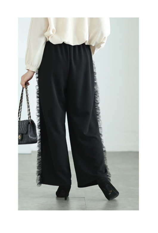 レディース 大人 上品 トレンドライクなサイドチュールフリルパンツ