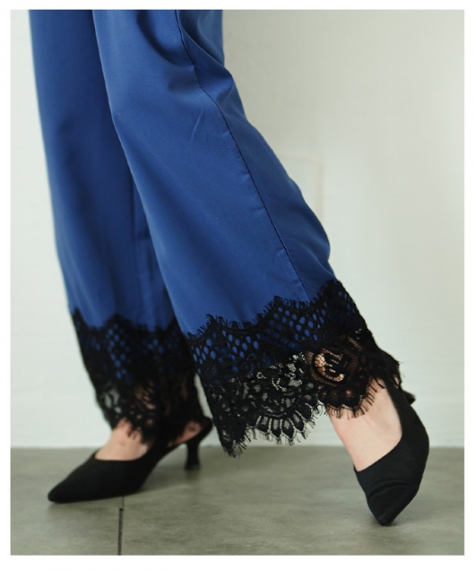 レディース 大人 上品 エレガントな裾レースのとろみワイドパンツ