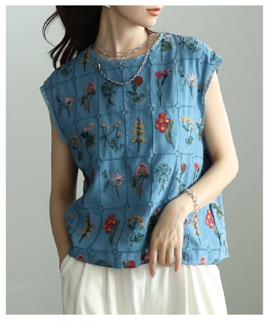 レディース 大人 上品 花刺繍ノースリーブブラウス 【メール便可