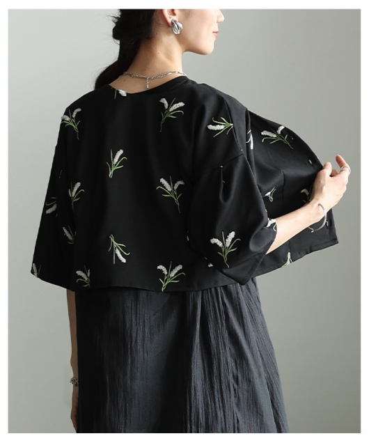 レディース 大人 上品 花柄刺繍ノーカラーシャツジャケット【6月1日20