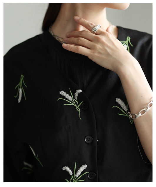 レディース 大人 上品 花柄刺繍ノーカラーシャツジャケット【メール便
