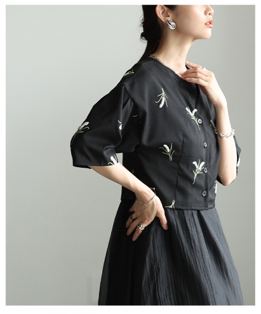 レディース 大人 上品 花柄刺繍ノーカラーシャツジャケット【6月1日20