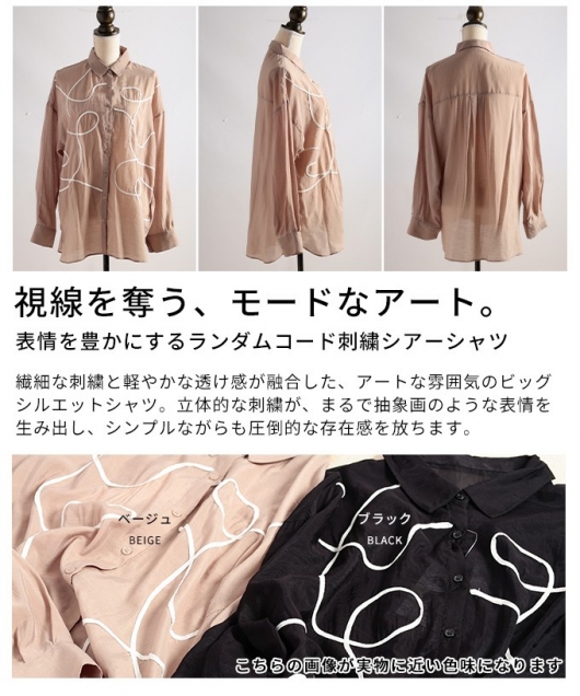 レディース 大人 上品 ランダムコード刺繍シアーシャツ【メール便可