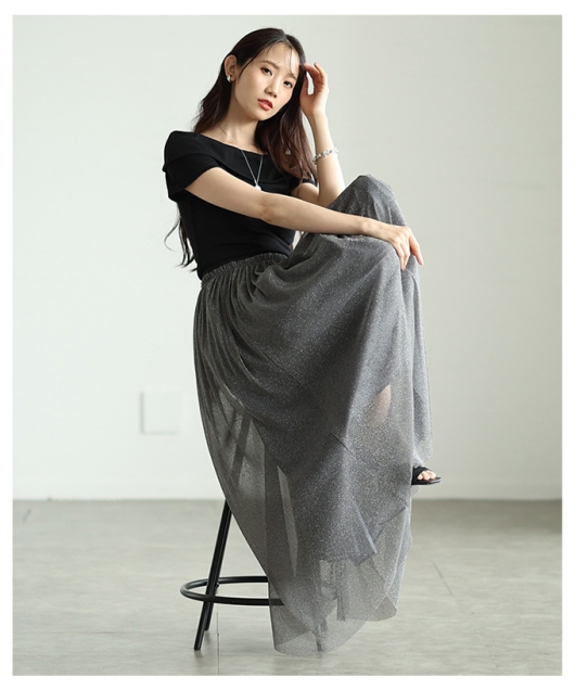 レディース 大人 上品 煌めくラメ入りシアーニットギャザーフレア