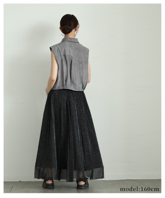 レディース 大人 上品 煌めくラメ入りシアーニットギャザーフレア