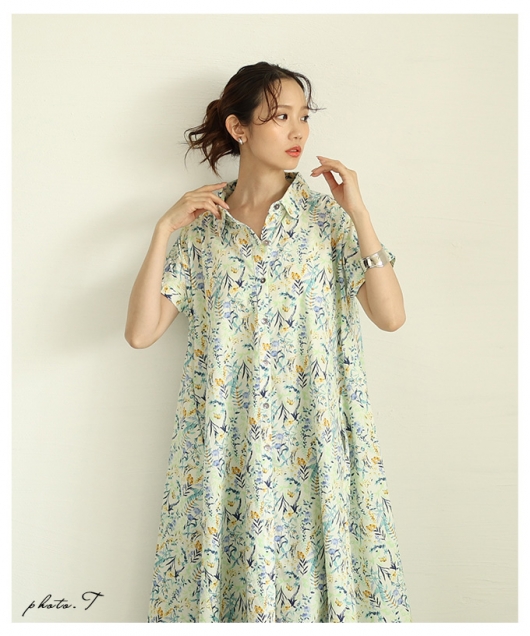 ワンピース シャツドレス 花飾り レトロ フレンチ お出かけ 大人 レディース 大人 上品 水彩画風花柄フレンチコットンシャツ