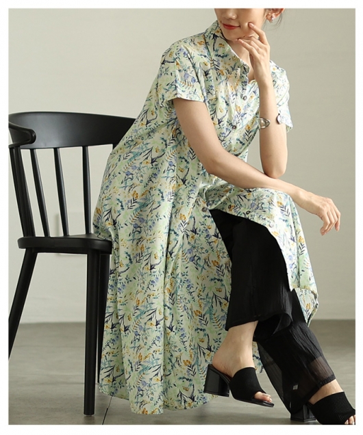 レディース 大人 上品 水彩画風花柄フレンチコットンシャツ