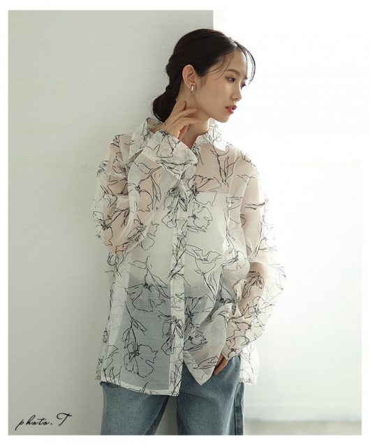 新品 9733 L フロッキー 花模様 オーバー 売れ筋商品|||ブラウス アイボリー系 春 夏 秋 レディース 綿100％ コットン シャツ 上品 50代 60代 70代 花柄フロッキープリントプルオーバー | 京都通販ミセスの