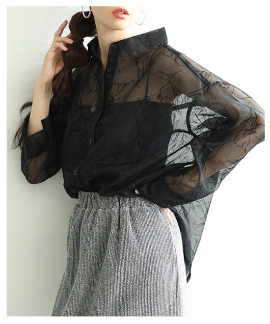 レディース 大人 上品 シアー花柄フロッキープリントオーバーサイズ