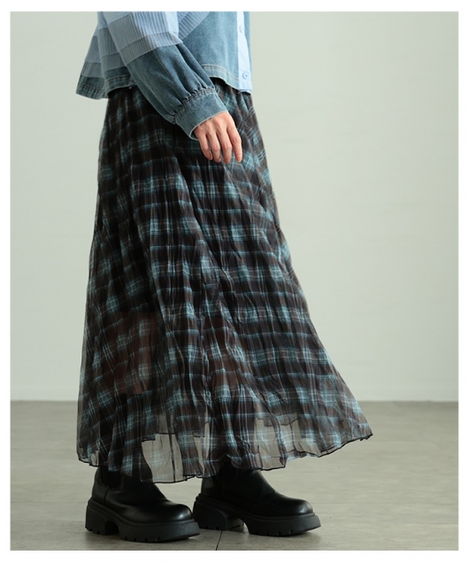 レディース 大人 上品 チェック柄シフォンフレアスカート almam-52018