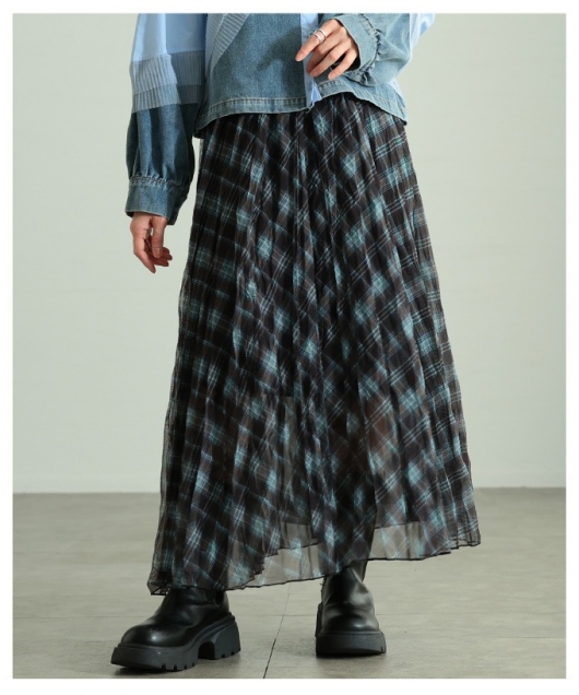 レディース 大人 上品 チェック柄シフォンフレアスカート almam-52018