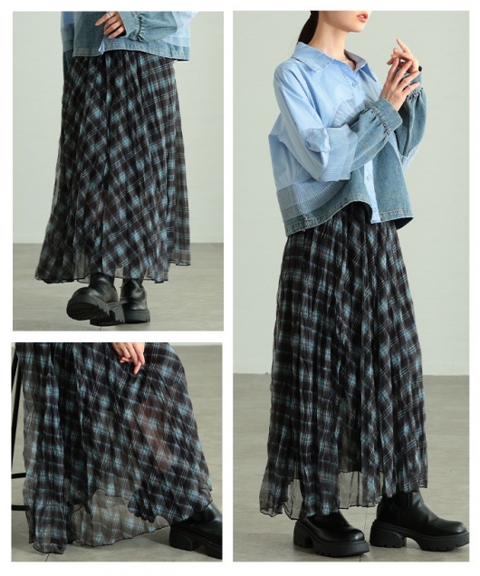 レディース 大人 上品 チェック柄シフォンフレアスカート almam-52018