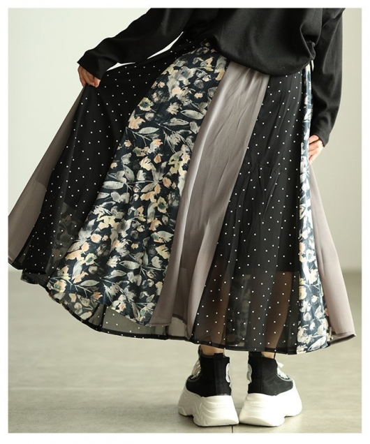 レディース 大人 上品 パッチワーク風シアーフレアスカート almam-673