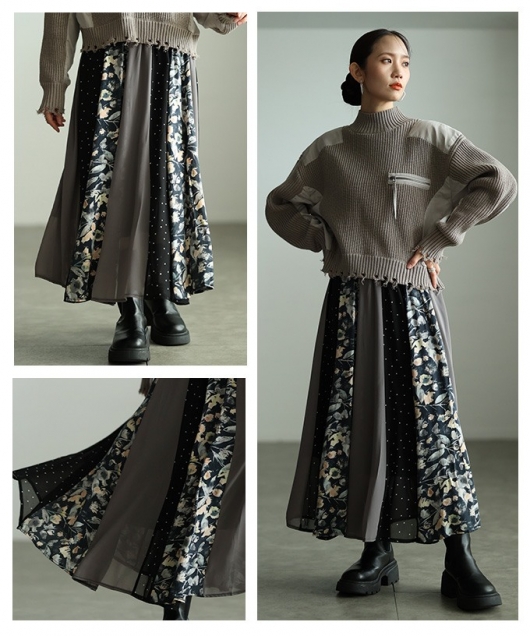 レディース 大人 上品 パッチワーク風シアーフレアスカート almam-673
