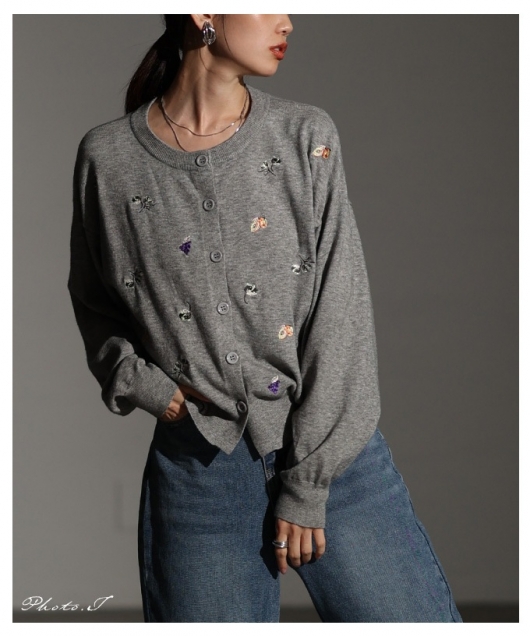 レディース 大人 上品 花柄×果物刺繍ニットカーディガン almam-77503