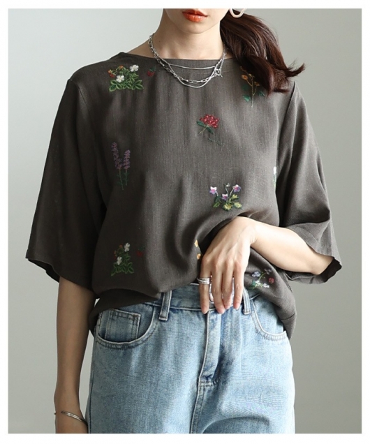 レディース 大人 上品 ボタニカル刺繍リネン混ブラウス【6月6日20時