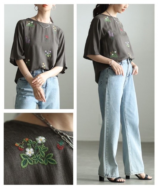 レディース 大人 上品 ボタニカル刺繍リネン混ブラウス【6月6日20時 