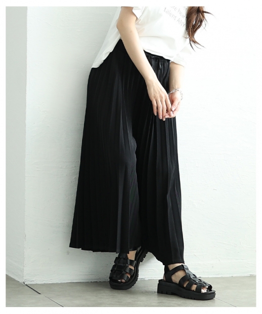 レディース 大人 上品 スカート見えで品良く広がるプリーツガウチョ