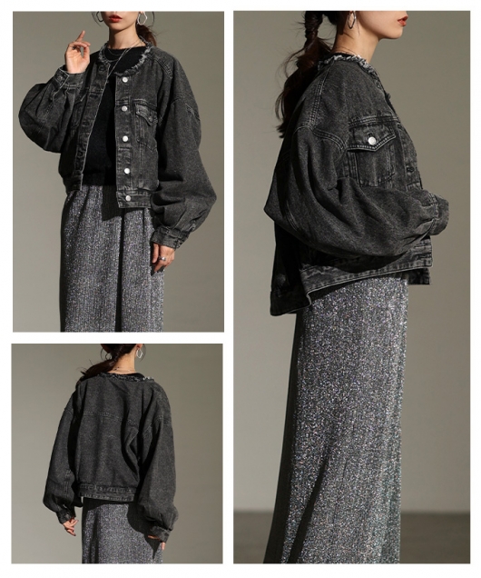 レディース 大人 上品 パフスリーブノーカラーデニムジャケット almam