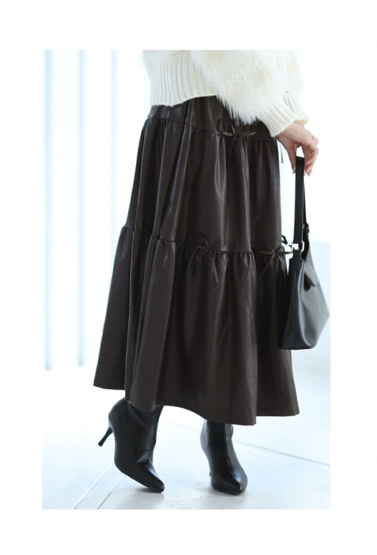 レディース 大人 上品 リボン付きフェイクレザーティアードスカート