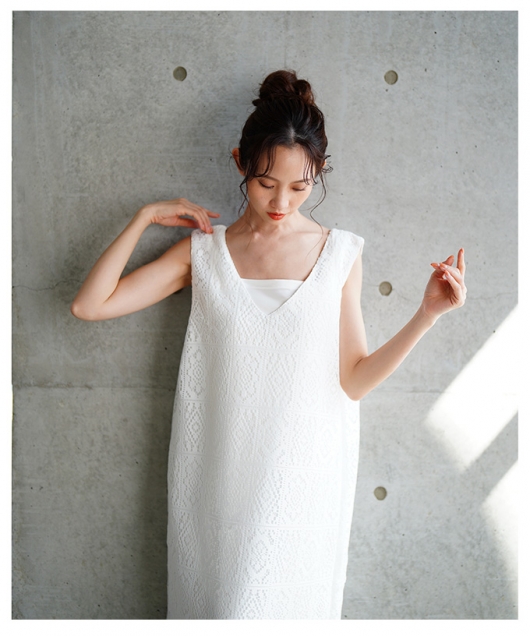 レディース 大人 上品 風通り抜けるレース編みノースリーブロング